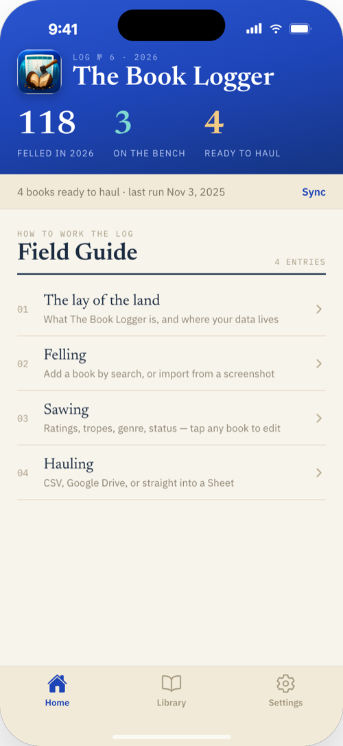 The Book Logger home screen