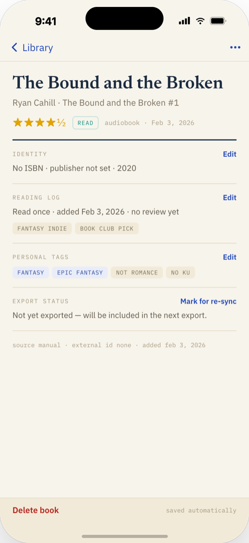 Individual book record screen