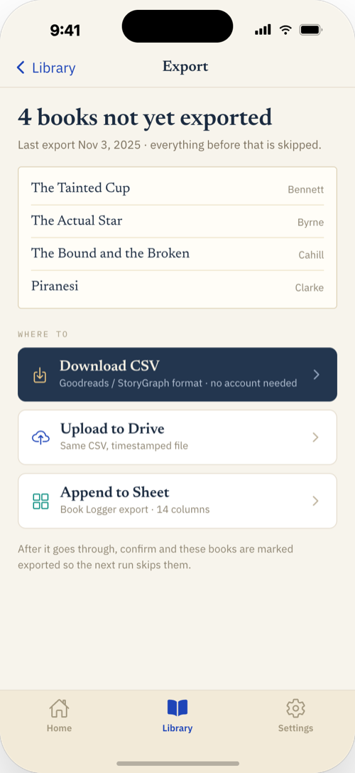 Book export and column selection screen