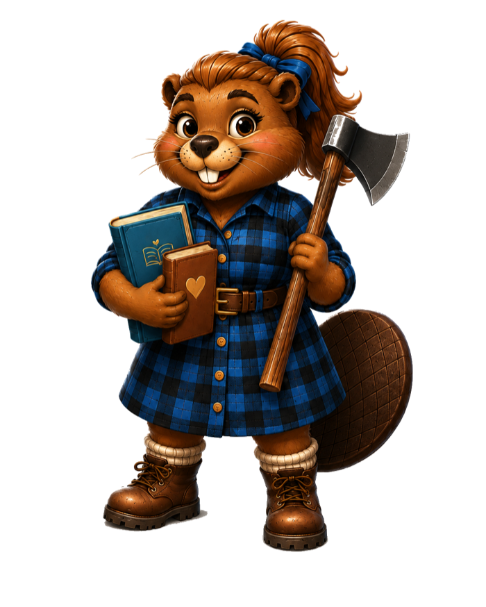 Birch the beaver, in blue plaid, holding two books and an axe