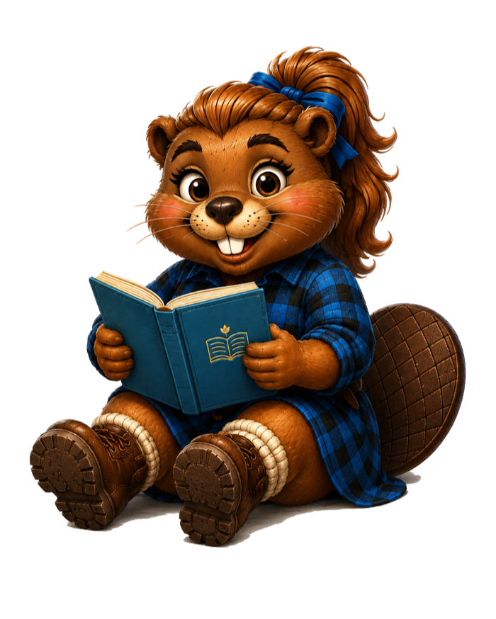 Birch the beaver, sitting and reading